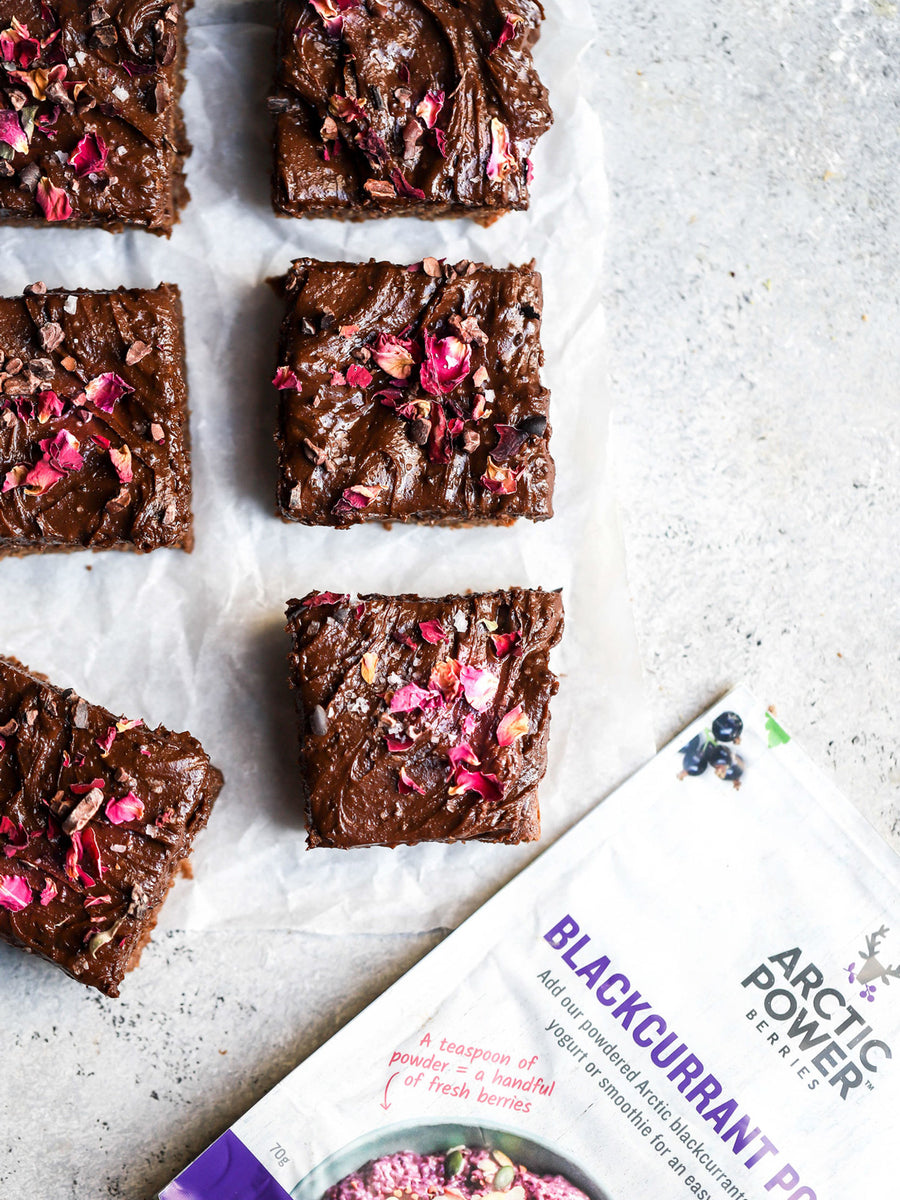 Raw frosted berry brownies