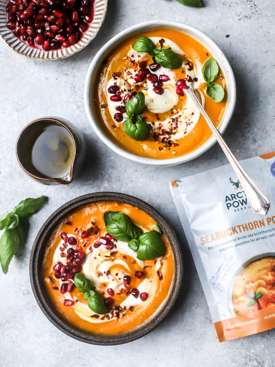 Red thai carrot soup with Sea buckthorn