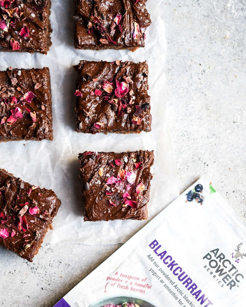 Raw frosted blackcurrant brownies