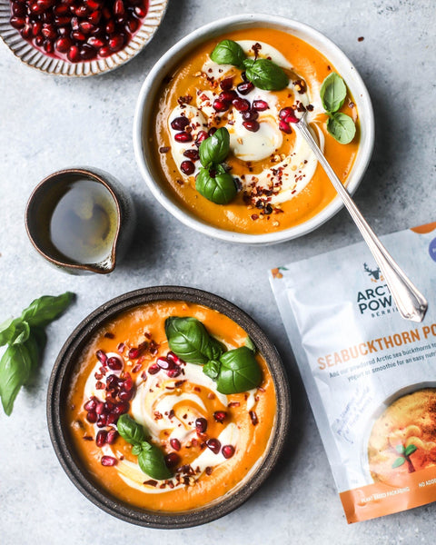 Red thai carrot soup with Sea buckthorn